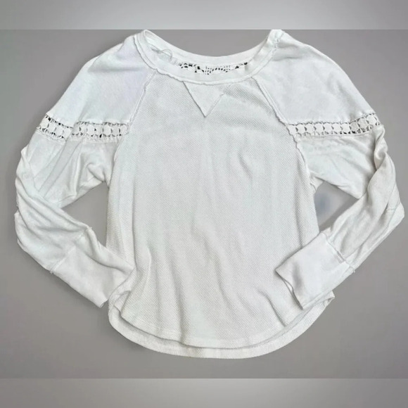 free people white luella tee ivory crochet thermal waffle boho elbow patch M - Picture 2 of 10